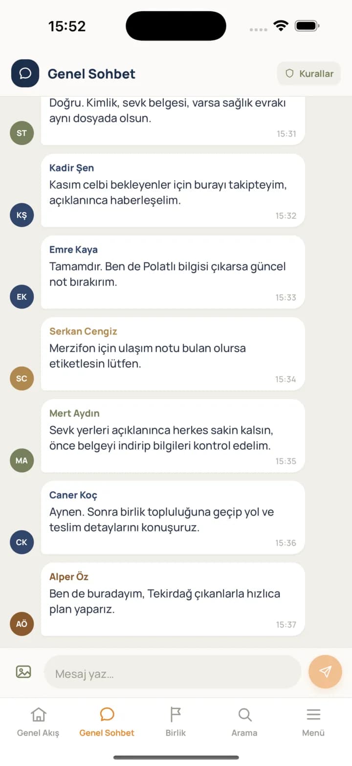 Tertip uygulaması genel sohbet ekranı