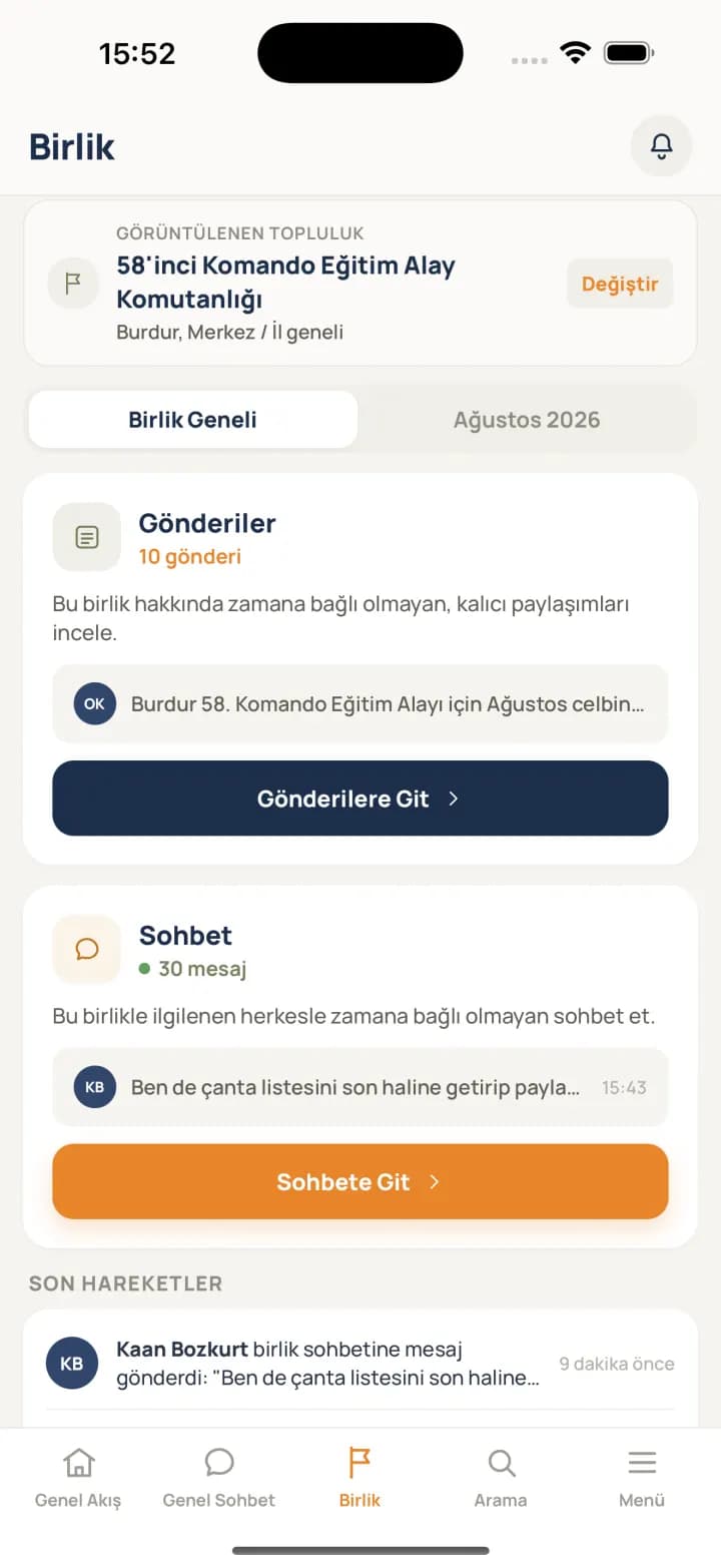 Tertip uygulamasında seçili birlik topluluğu ekranı