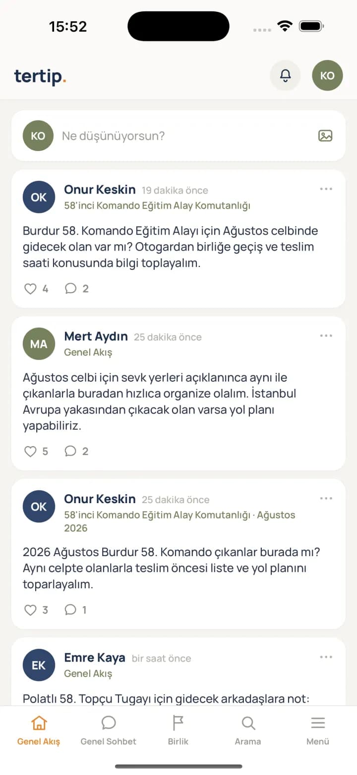 Tertip uygulamasında askerlik gündemine ait genel akış ekranı